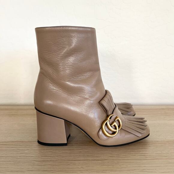 Gucci GG Marmont Fringe 75mm Ankle Boots 35 Mud Leather Block Heel - Picture 1 of 13
